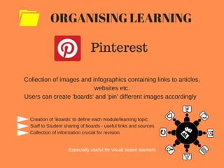 ORGANISING LEARNING
Pinterest
Collection of images and infographics containing links to articles,
websites etc.
Users can create 'boards' and 'pin' different images accordingly
Creation of 'Boards' to define each module/learning topic
Staff to Student sharing of boards - useful links and sources
Collection of information crucial for revision
Especially useful for visual based learners
 