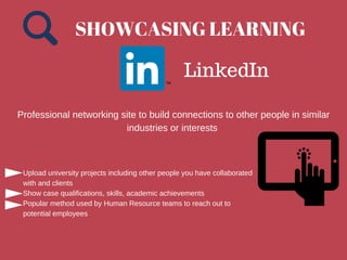 Professional networking site to build connections to other people in similar
industries or interests
LinkedIn
Upload university projects including other people you have collaborated
with and clients
Show case qualifications, skills, academic achievements
Popular method used by Human Resource teams to reach out to
potential employees
SHOWCASING LEARNING 
 