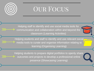 Our Focus 
Helping staff to identify and use social media tools for
communication and collaboration within and beyond the
...