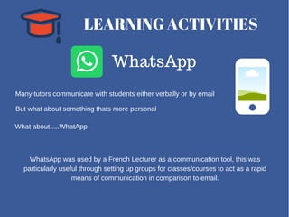 LEARNING ACTIVITIES
WhatsApp
Many tutors communicate with students either verbally or by email
But what about something thats more personal
What about.....WhatApp
WhatsApp was used by a French Lecturer as a communication tool, this was
particularly useful through setting up groups for classes/courses to act as a rapid
means of communication in comparison to email.
 