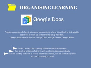 ORGANISING LEARNING
Google Docs
Problems occasionally faced with group work projects, where it is difficult to find suitable
occasions to meet up and complete group activities.
Google applications solve this: Google Docs, Google Sheets, Google Slides
Tasks can be collaboratively fulfilled in real-time sessions
Can see live updates of others' work to allocate tasks accordingly
Can be used by lecturers to record weekly task marks, can be seen at any time
and are constantly updated
 