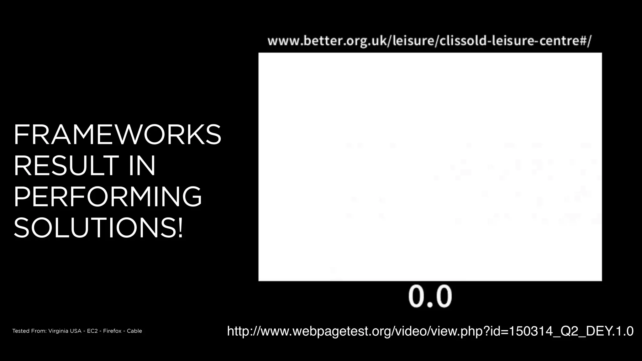 FRAMEWORKS
RESULT IN
PERFORMING
SOLUTIONS!
http://www.webpagetest.org/video/view.php?id=150314_Q2_DEY.1.0Tested From: Virginia USA - EC2 - Firefox - Cable
 