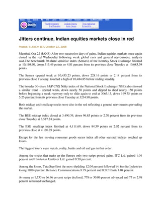 Jitters continue, Indian equities markets close in red
Posted: 5:27p.m IST, October 22, 2008

Mumbai, Oct 22 (IANS) After two successive days of gains, Indian equities markets once again
closed in the red Wednesday following weak global cues and general nervousness, analysts
said.The benchmark 30-share sensitive index (Sensex) of the Bombay Stock Exchange finished
at 10,169.90, down 513.49 points or 4.81 percent from its previous close Tuesday at 10,683.39
points.

The Sensex opened weak at 10,455.23 points, down 228.16 points or 2.14 percent from its
previous close Tuesday, touched a high of 10,484.85 before sliding steadily.

The broader 50-share S&P CNX Nifty index of the National Stock Exchange (NSE) also showed
a similar trend - opened weak, down nearly 50 points and dipped to shed nearly 150 points
before beginning a weak recovery only to slide again to end at 3065.15, down 169.75 points or
5.25 percent from its previous close Tuesday at 3234.90 points.

Both midcap and smallcap stocks were also in the red reflecting a general nervousness pervading
the market.

The BSE midcap index closed at 3,490.39, down 96.85 points or 2.70 percent from its previous
close Tuesday at 3,587.24 points.

The BSE smallcap index finished at 4,111.69, down 84.59 points or 2.02 percent from its
previous close at 4,196.28 points.

Except for the fast moving consumer goods sector index all other sectoral indices notched up
losses.

The biggest losers were metals, realty, banks and oil and gas in that order.

Among the stocks that make up the Sensex only two scrips posted gains. ITC Ltd. gained 1.04
percent and Hindustan Unilever Ltd. gained 0.50 percent.

Among the losers, Tata Steel lost the most shedding 12.04 percent followed by Sterlite Industries
losing 10.04 percent, Reliance Communications 8.79 percent and ICICI Bank 8.04 percent.

As many as 1,733 or 66.96 percent scrips declined, 778 or 30.06 percent advanced and 77 or 2.98
percent remained unchanged.
 