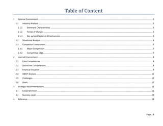 Page | 4
Table of Content
1 External Environment..........................................................................................................................................................................................................5
1.1 Industry Analysis..........................................................................................................................................................................................................5
1.1.1 Dominant Characteristics ....................................................................................................................................................................................5
1.1.2 Forces of Change .................................................................................................................................................................................................5
1.1.3 Key survival factors / Attractiveness ...................................................................................................................................................................5
1.2 Situational Analysis......................................................................................................................................................................................................6
1.3 Competitor Environment.............................................................................................................................................................................................7
1.3.1 Major Competitors ..............................................................................................................................................................................................7
1.3.2 Competitive Edge.................................................................................................................................................................................................7
2 Internal Environment...........................................................................................................................................................................................................8
2.1 Core Competences ......................................................................................................................................................................................................8
2.2 Distinctive Competencies ............................................................................................................................................................................................8
2.3 Financial Situation .......................................................................................................................................................................................................9
2.4 SWOT Analysis ...........................................................................................................................................................................................................11
2.5 Challenges..................................................................................................................................................................................................................12
2.6 Goals..........................................................................................................................................................................................................................12
3 Strategic Recommendations..............................................................................................................................................................................................12
3.1 Corporate level ..........................................................................................................................................................................................................12
3.2 Business Level............................................................................................................................................................................................................13
4 Reference...........................................................................................................................................................................................................................14
 