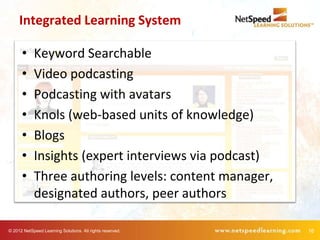 Integrated Learning System

      •     Keyword Searchable
      •     Video podcasting
      •     Podcasting with avatars
      •     Knols (web-based units of knowledge)
      •     Blogs
      •     Insights (expert interviews via podcast)
      •     Three authoring levels: content manager,
            designated authors, peer authors

© 2012 NetSpeed Learning Solutions. All rights reserved.   16
 