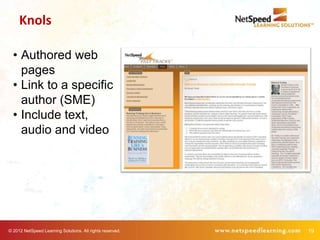Knols

  • Authored web
    pages
  • Link to a specific
    author (SME)
  • Include text,
    audio and video




© 2012 NetSpeed Learning Solutions. All rights reserved.   19
 