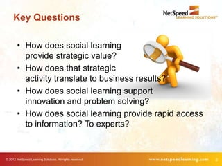 Key Questions

        • How does social learning
          provide strategic value?
        • How does that strategic
          activity translate to business results?
        • How does social learning support
          innovation and problem solving?
        • How does social learning provide rapid access
          to information? To experts?


© 2012 NetSpeed Learning Solutions. All rights reserved.   2
 