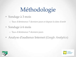 Méthodologie
• Sondage à 3 mois
  o Taux d’abstinence 7 derniers jours et depuis la date d’arrêt

• Sondage à 6 mois
  o Taux d’abstinence 7 derniers jours

• Analyse d’audience Internet (Google Analytics)
 