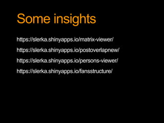 Some insights
https://slerka.shinyapps.io/matrix-viewer/
https://slerka.shinyapps.io/postoverlapnew/
https://slerka.shinyapps.io/persons-viewer/
https://slerka.shinyapps.io/fansstructure/