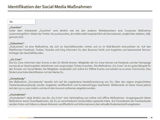 Identifikation der Social Media Maßnahmen


O2

„O2online“
Unter dem Arbeitstitel „O2online“ wird ähnlich wie bei den anderen Wettbewerbern eine Corporate Maßnahme
zusammengeführt. Wobei der Twitter-Accounto2online_de mittlerweile hauptsächlich als Servicekanal, vergleichbar telekom_hilft,
genutzt wird.

„O2business“
„O2business“ ist eine Maßnahme, die sich an Geschäftskunden richtet und so im B2B-Bereich einzuordnen ist. Auf den
Plattformen Facebook, Twitter, Youtube und Xing informiert O2 über Business-Tarife und Angebote und beantwortet Service-
Anfragen der Geschäftskunden.

 „O2-Crew“
Die O2-Crew informiert über Events in den O2 World-Arenen. Mitglieder der O2-Crew können via Facebook und der Homepage
o2crew.de an Gewinnspielen teilnehmen und vergünstigte Tickets erwerben. Die Maßnahme „O2-Crew“ ist ein gutes Beispiel für
den Einsatz von Social Media. Die Mitglieder verabreden sich online für Offline Events und werden so zu einer Community. Dies
fördert eine hohe Identifikation mit der Marke O2.

„O2myhandy“
Die Maßnahme „O2myhandy“ bezieht sich auf die angebotene Handyfinanzierung von O2. Über den eigens eingerichteten
Twitterkanalo2myhandy werden Angebote veröffentlicht und Kundenanfragen bearbeitet. Mittlerweile ist dieser Kanal jedoch
seit dem 30.11.2010 inaktiv und durch den Account o2themen abgelöst worden.

„O2studenten“
„O2studenten“ zeigt ähnlich wie die „O2-Crew“ eine Verknüpfung von online und offline Maßnahmen. Ausgangspunkt dieser
Maßnahme waren Guerillaaktionen, die O2 an verschiedenen Universitäten gestartet hatte. Auf O2studenten der Facebookseite
werden Fotos und Videos zu diesen Aktionen veröffentlicht und Informationen über aktuelle Studententarife angeboten.



                                                                                                                            7
 