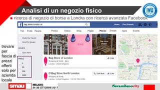 Analisi di un negozio fisico
 ricerca di negozio di borse a Londra con ricerca avanzata Facebook
trovare
per
fascia di
prezzi
offerti
solo per
azienda
locale
 