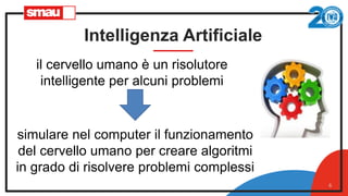 Intelligenza Artificiale
6
il cervello umano è un risolutore
intelligente per alcuni problemi
simulare nel computer il fun...
