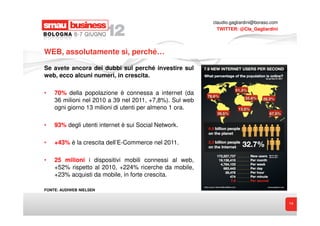 claudio.gagliardini@boraso.com
                                                           TWITTER: @Cla_Gagliardini




WEB, assolutamente sì, perché…

Se avete ancora dei dubbi sul perché investire sul
web, ecco alcuni numeri, in crescita.

•   70% della popolazione è connessa a internet (da
    36 milioni nel 2010 a 39 nel 2011, +7,8%). Sul web
    ogni giorno 13 milioni di utenti per almeno 1 ora.

•   93% degli utenti internet è sui Social Network.

•   +43% è la crescita dell’E-Commerce nel 2011.

•   25 milioni i dispositivi mobili connessi al web,
    +52% rispetto al 2010, +224% ricerche da mobile,
    +23% acquisti da mobile, in forte crescita.

FONTE: AUDIWEB NIELSEN


                                                                                          14
 