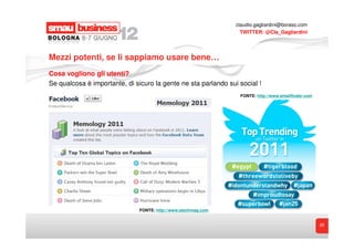 claudio.gagliardini@boraso.com
                                                                  TWITTER: @Cla_Gagliardini




Mezzi potenti, se li sappiamo usare bene…
Cosa vogliono gli utenti?
Se qualcosa è importante, di sicuro la gente ne sta parlando sui social !
                                                                 FONTE: http://www.emailfinder.com




                               FONTE: http://www.etechmag.com


                                                                                                     25
 