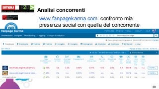 Analisi concorrenti
www.fanpagekarma.com confronto mia
presenza social con quella del concorrente
39
 