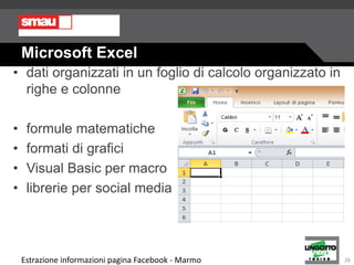 Microsoft Excel
• dati organizzati in un foglio di calcolo organizzato in
righe e colonne
• formule matematiche
• formati ...