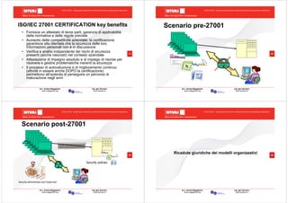 Milano, 22 ottobre 2010 - Fieramilanocity
37
Avv. Andrea Maggipinto Ing. Igor Serraino
www.maggipinto.org www.serraino.it
© 2010 CSIG – vietata ogni riproduzione e distribuzione senza l’autorizzazione degli autori
ISO/IEC 27001 CERTIFICATION key benefits
• Fornisce un attestato di terze parti, garanzia di applicabilità
della normativa e delle regole previste
• Aumento della competitività aziendale: la certificazione
garantisce alla clientela che la sicurezza delle loro
informazioni personali non è in discussione
• Verifica e analisi indipendente dei rischi di sicurezza
presenti (anche nascosti) nel contesto aziendale
• Attestazione di impegno assoluto e di impiego di risorse per
risolvere e gestire problematiche inerenti la sicurezza
• Il processo di autovaluzione e di miglioramento continuo
(attività in essere anche DOPO la certificazione)
permettono all’azienda di perseguire un percorso di
maturazione negli anni
Milano, 22 ottobre 2010 - Fieramilanocity
38
Avv. Andrea Maggipinto Ing. Igor Serraino
www.maggipinto.org www.serraino.it
© 2010 CSIG – vietata ogni riproduzione e distribuzione senza l’autorizzazione degli autori
3
8
Scenario pre-27001
Milano, 22 ottobre 2010 - Fieramilanocity
39
Avv. Andrea Maggipinto Ing. Igor Serraino
www.maggipinto.org www.serraino.it
© 2010 CSIG – vietata ogni riproduzione e distribuzione senza l’autorizzazione degli autori
3
9
Scenario post-27001
Security policies
Security administrator and Supervisor
Milano, 22 ottobre 2010 - Fieramilanocity
40
Avv. Andrea Maggipinto Ing. Igor Serraino
www.maggipinto.org www.serraino.it
© 2010 CSIG – vietata ogni riproduzione e distribuzione senza l’autorizzazione degli autori
Ricadute giuridiche dei modelli organizzativi
 