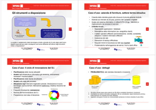 Milano, 22 ottobre 2010 - Fieramilanocity
17
Avv. Andrea Maggipinto Ing. Igor Serraino
www.maggipinto.org www.serraino.it
© 2010 CSIG – vietata ogni riproduzione e distribuzione senza l’autorizzazione degli autori
Gli strumenti a disposizione
STRUMENTI DI PRODUTTIVITA’
INDIVIDUALE
Office, CAD, modelling,
CRM ad hoc, software client
web, emails
SOFTWARE AD USO CONDIVISO
ERP, CRM CLIENT/SERVER,
DATA WAREHOUSE,
BUSINESS INTELLIGENCE
MONITORIZZAZIONE QUALITA’
Security administrator
and Supervisor
La scelta e l’adattamento delle tecnologie al livello culturale ed al ruolo degli utenti sono
aspetti essenziali per poter conseguire una buona efficacia nell’utilizzo degli strumenti
messi a disposizione !
Milano, 22 ottobre 2010 - Fieramilanocity
18
Avv. Andrea Maggipinto Ing. Igor Serraino
www.maggipinto.org www.serraino.it
© 2010 CSIG – vietata ogni riproduzione e distribuzione senza l’autorizzazione degli autori
Caso d’uso: azienda di forniture, settore termo-idraulica
• Crescita della clientela grazie alla chiusura di piccole aziende limitrofe
• Azienda sul mercato da 25 anni: archivio dati cartaceo e digitale
• Analisi del sistema informativo, in ottica D.P.S. (D.lgs. 196/2003) e
miglioramento dei processi di servizio
• Criticità rilevate:
• Separazione applicazioni / database
• Ridondanza delle informazioni (es. anagrafica clienti)
• 3 settori operativi differenti (amministrazione, vendita, contabilità)
utilizzano 3 sistemi informativi differenti
• Incoerenza dei dati
• Operazioni di backup difficoltose
• Requisiti minimi di sicurezza sui dati non rispettati
• Problematiche nell’erogazione dei servizi, front e back office
Milano, 22 ottobre 2010 - Fieramilanocity
19
Avv. Andrea Maggipinto Ing. Igor Serraino
www.maggipinto.org www.serraino.it
© 2010 CSIG – vietata ogni riproduzione e distribuzione senza l’autorizzazione degli autori
Caso d’uso: il ciclo di innovazione del S.I.
• Pianificazione delle risorse allocabili
• Analisi dell’infrastruttura informatica già esistente, rinnovamenti
necessari? Imprescindibili?
• Pianificazione delle risorse da allocare.
• Analisi sullo stato del processo
• Attuazione degli interventi migliorativi previsti, introduzione di nuove
tecnologie: e-procurement, fatturazione elettronica, drastica riduzione del
cartaceo
• Frequenti checkpoints (valutazione)
• Nomina dell’Amministratore del S.I.
• Preparazione next step di iterazione
Milano, 22 ottobre 2010 - Fieramilanocity
20
Avv. Andrea Maggipinto Ing. Igor Serraino
www.maggipinto.org www.serraino.it
© 2010 CSIG – vietata ogni riproduzione e distribuzione senza l’autorizzazione degli autori
• PROBLEMATICA: dati clientela ridondanti e incoerenti.
Caso d’uso: dettagli
DB uff. vendite
3 postazioni
DB uff. contabilità
1 postazione
1. DB ufficio vendite replica dati contenuti nel DB ufficio contabilità (ridondanza, incoerenza)
2. Architettura del sistema informatico inadeguata: DB non centralizzato, logica client/server primitiva,
livello business non separato dal livello database
3. Applicativi eterogenei, formati non interscambiabili (presenza di versioni obsolete di suite office)
 