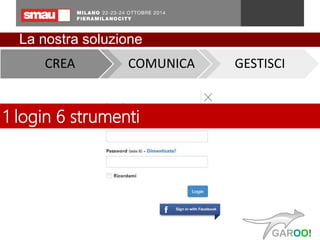 La nostra soluzione 
CREA COMUNICA GESTISCI 
1 login 6 strumenti 
 