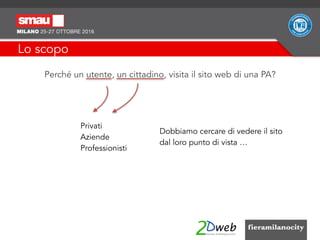 Lo scopo
Perché un utente, un cittadino, visita il sito web di una PA?
Privati 
Aziende 
Professionisti
Dobbiamo cercare di vedere il sito  
dal loro punto di vista …
 