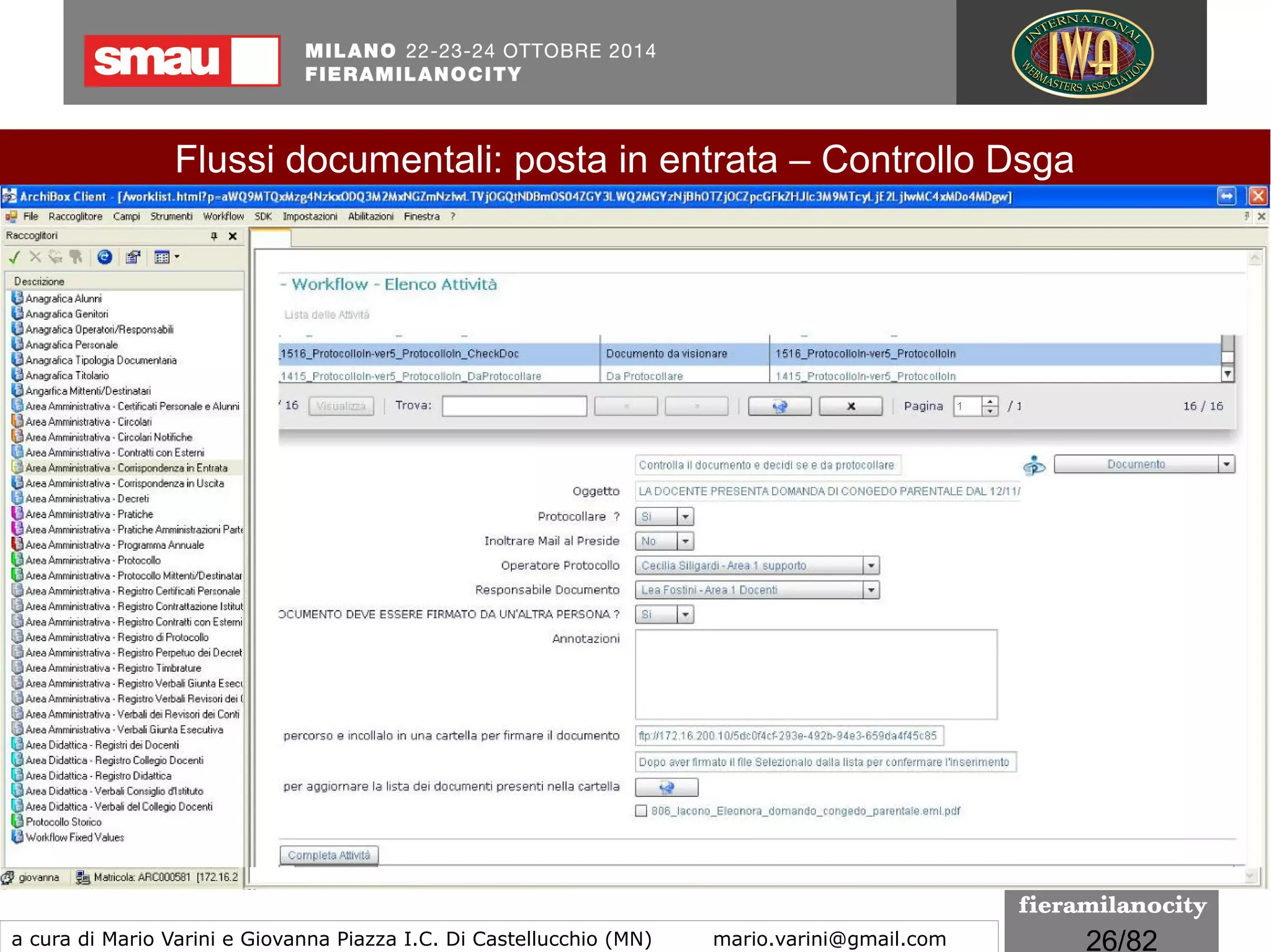 26/260
Le regole tecniche
I formati indicati per la conservazione
Limitazioni del formato PDF/A-1
●
è obbligatoria l’incorporazione dei font (con i file PDF/A non può
verificarsi l’errore di “missing fonts”);
●
lo spazio dei colori deve essere specificato in una maniera
indipendente dal dispositivo su cui il documento verrà
rappresentato;
●
è proibito l’utilizzo di contenuti audio e video;
●
è vietato l’uso di link esterni;
●
è proibito l’utilizzo di Javascript;
●
è proibita la cifratura del documento;
●
è obbligatorio l’uso di metadati basati su standard.
Il protocollo informatico e il workflow documentale
a cura di Mario Varini e Giovanna Piazza I.C. Di Castellucchio (MN) mario.varini@gmail.com
 
