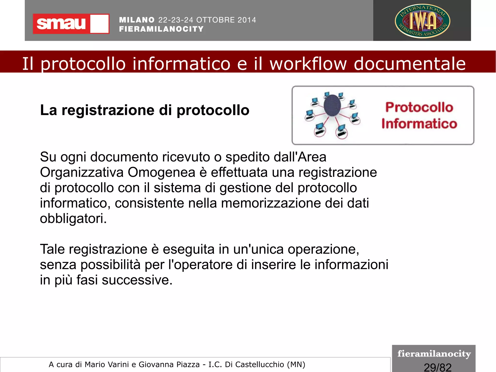 29/260
Le regole tecniche
I formati indicati per la conservazione
I livelli di conformità del formato PDF/A-1
Il PDF/A-1a è il livello di conformità completa, che assicura la
rispondenza a tutti i requisiti dell’ISO 19005-1, compresi quelli relativi
all’utilizzo dei tag.
Questi tag, forniscono informazioni sulla struttura del file e sulla
semantica del testo, in maniera da rendere possibile la conservazione
della sua struttura logica e del normale ordine di lettura. In sostanza, il
PDF/A-1a non solo assicura che il file venga riprodotto sempre alla
stessa maniera, ma anche che il suo contenuto possa essere
interpretato in maniera semanticamente corretta, che sia accessibile
alle persone con deficit sensoriali e che possa essere ristrutturato
(reflowed) per poter essere fruito, ad esempio, in dispositivi mobili o
altri apparati.
Il protocollo informatico e il workflow documentale
a cura di Mario Varini e Giovanna Piazza I.C. Di Castellucchio (MN) mario.varini@gmail.com
 
