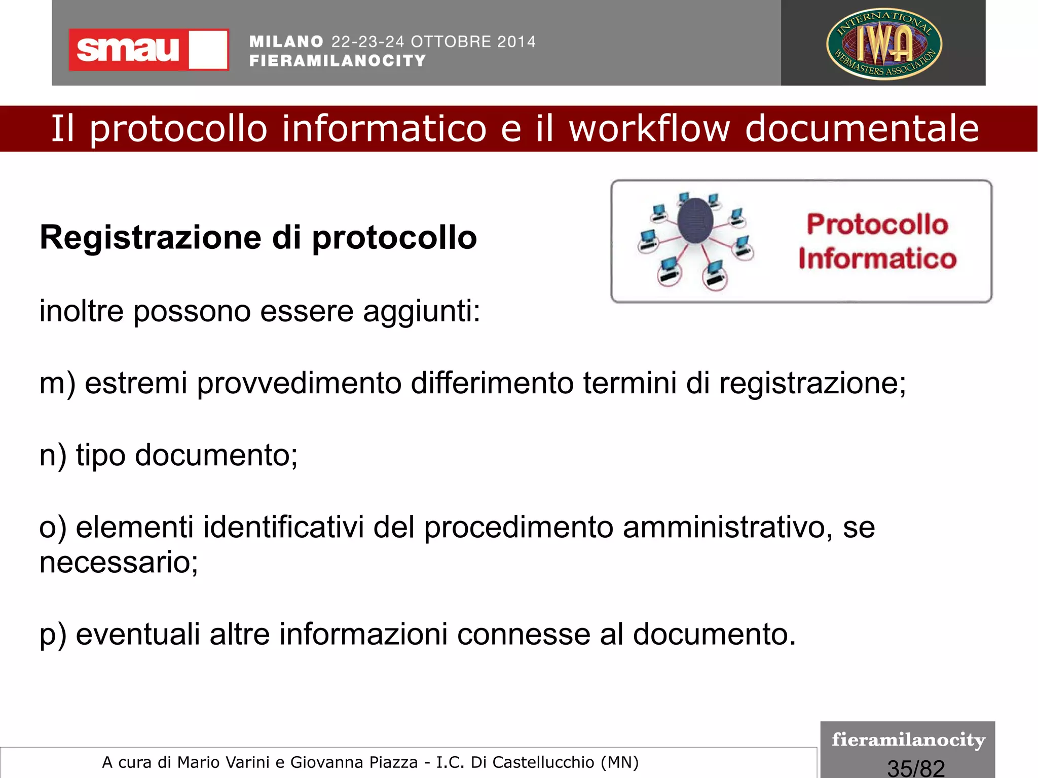 35/260
Le regole tecniche
I formati indicati per la conservazione
I livelli di conformità del formato PDF/A-2
Il protocollo informatico e il workflow documentale
a cura di Mario Varini e Giovanna Piazza I.C. Di Castellucchio (MN) mario.varini@gmail.com
 