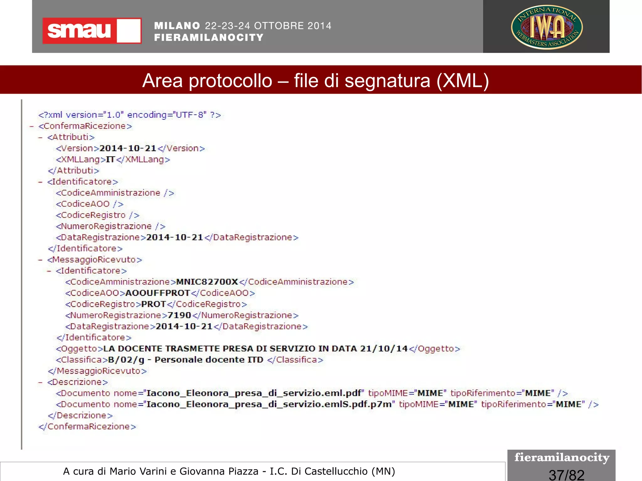 37/260
Le regole tecniche
I formati indicati per la conservazione
Il formato PDF/A-3
Da un punto di vista tecnico, rispetto al predecessore PDF/A-2, c’è
un solo cambiamento, ma si tratta di un cambiamento che apre la
strada ad innumerevoli campi applicativi:
ora qualsiasi tipo di file (comprese le tabelle di Excel, i documenti
Word, file HTML o XML) può essere incorporati come allegato in un
file PDF/A.
Il protocollo informatico e il workflow documentale
a cura di Mario Varini e Giovanna Piazza I.C. Di Castellucchio (MN) mario.varini@gmail.com
 
