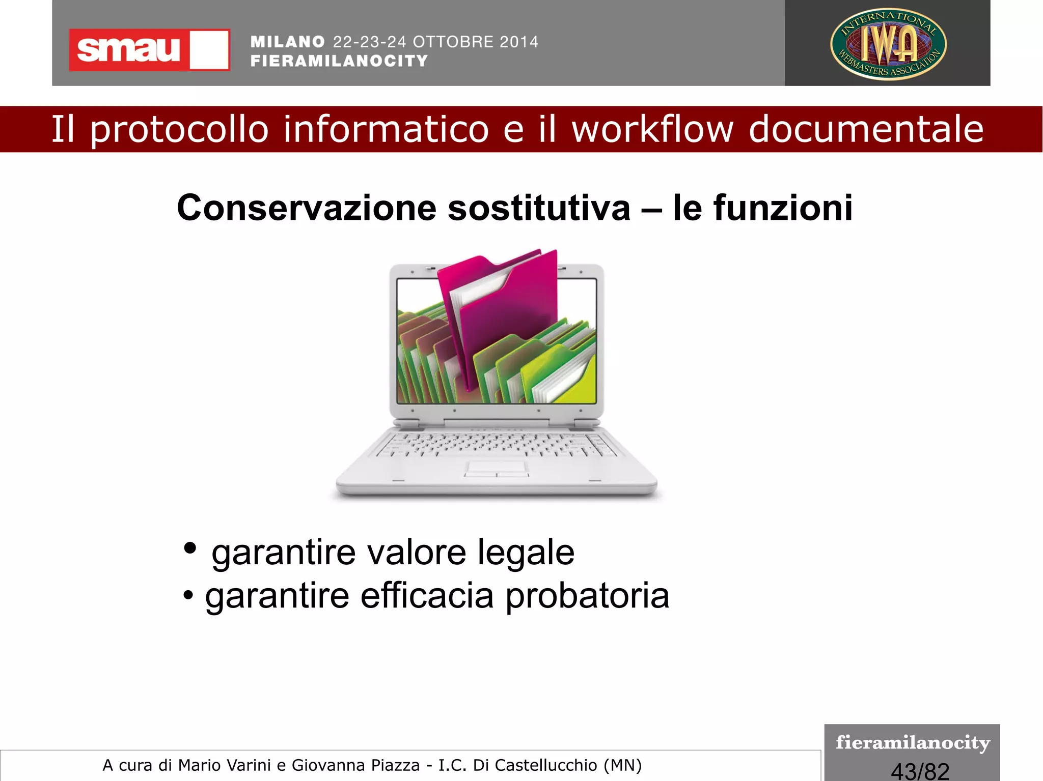 43/260
La firma digitale
La firma digitale è il risultato di una procedura informatica
detta validazione che garantisce l’autenticità e l’integrità
di documenti informatici.
La firma digitale conferisce al documento informatico le seguenti
caratteristiche:
●
autenticità: la firma digitale garantisce l’identità del
sottoscrittore del documento;
●
integrità: la firma digitale assicura che il documento non sia
stato modificato dopo la sottoscrizione;
●
non ripudio: la firma digitale attribuisce piena validità legale al
documento, pertanto il documento non può essere ripudiato dal
sottoscrittore;
Documento informatico e... firma elettronica
Il protocollo informatico e il workflow documentale
a cura di Mario Varini e Giovanna Piazza I.C. Di Castellucchio (MN) mario.varini@gmail.com
 