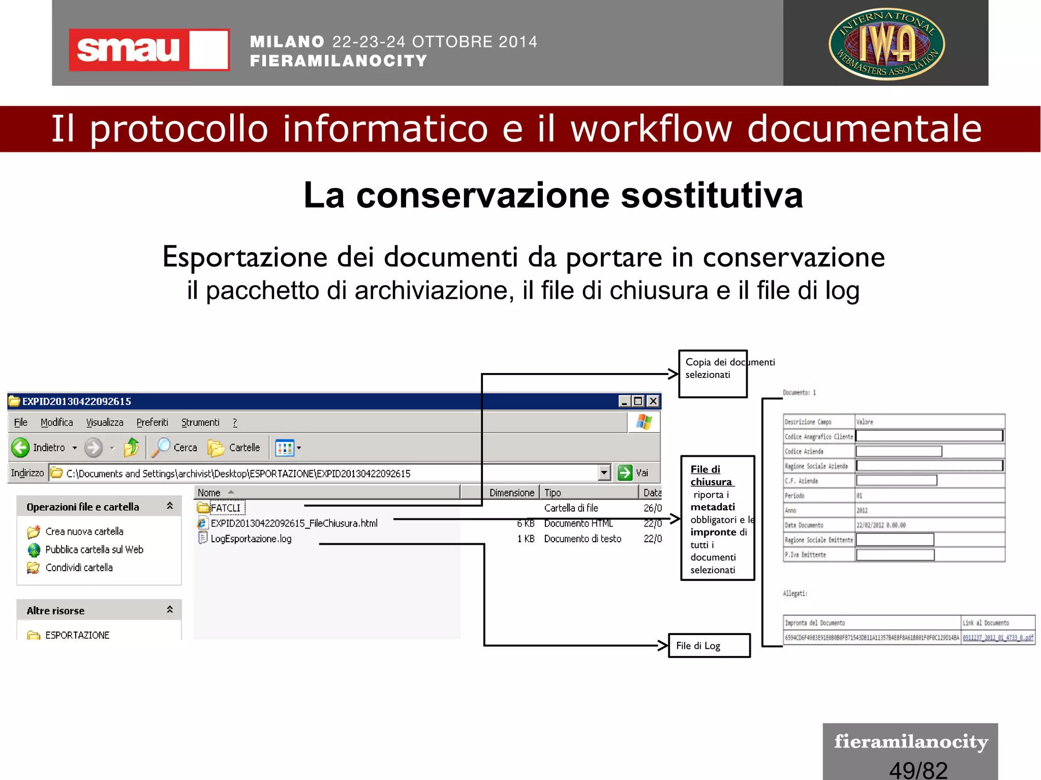 49/260
Firma elettronica avanzata
Insieme di dati in forma elettronica allegati oppure connessi a un
documento informatico che consentono l'identificazione del
firmatario del documento e garantiscono la connessione univoca al
firmatario, creati con mezzi sui quali il firmatario può conservare
un controllo esclusivo, collegati ai dati ai quali detta firma si
riferisce in modo da consentire di rilevare se i dati stessi siano
stati successivamente modificati.
Documento informatico e... firma elettronica
(DPCM 22/02/2013)
Il protocollo informatico e il workflow documentale
a cura di Mario Varini e Giovanna Piazza I.C. Di Castellucchio (MN) mario.varini@gmail.com
 