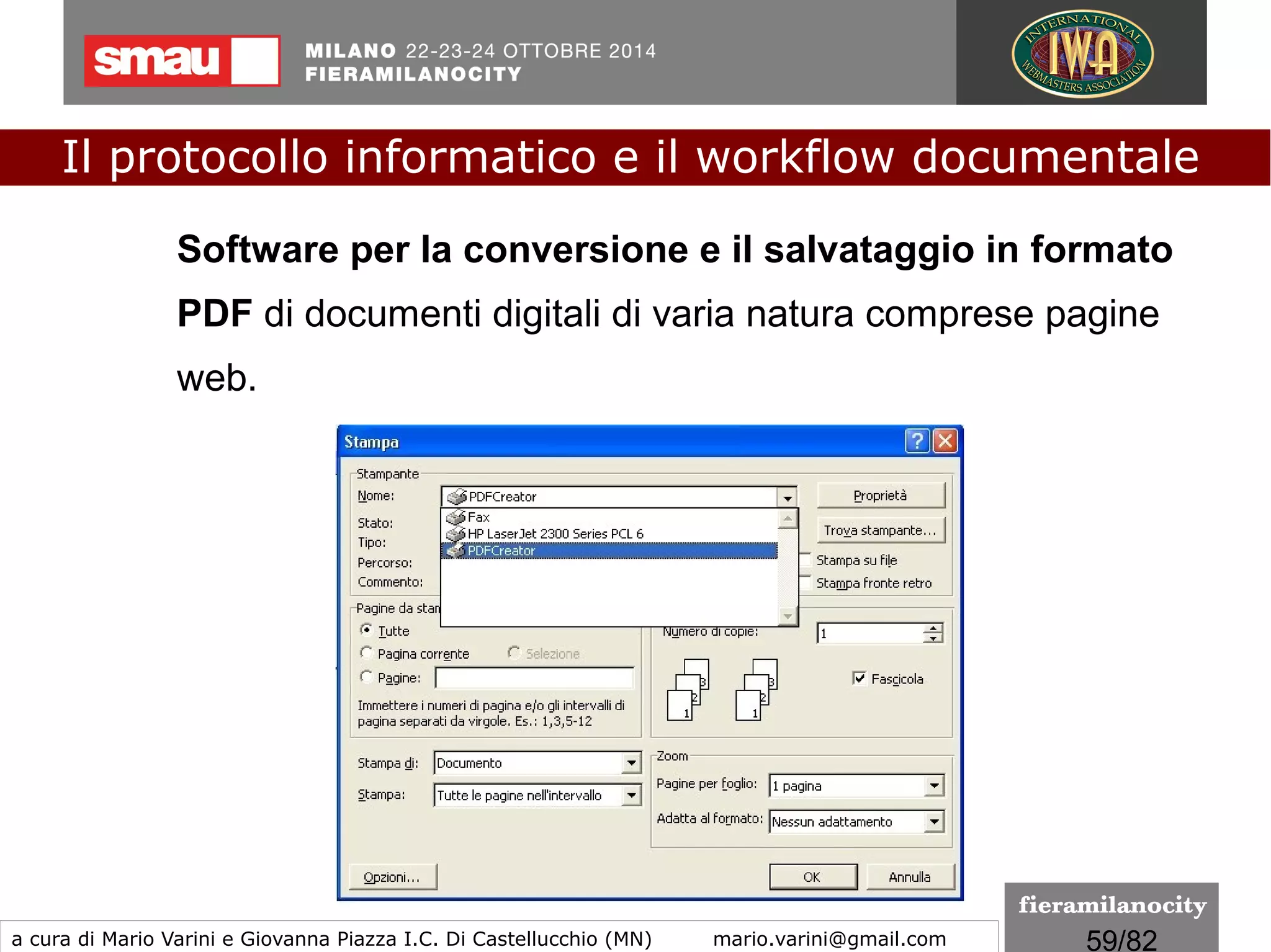 59/260
i formati di firma CAdES (file con estensione p7m) e PAdES
(file con estensione pdf) e la loro attitudine ad ospitare più
firme e informazioni disponibili solo dopo la generazione della
firma digitale quali, ad esempio, la segnatura di protocollo
prevista dall’articolo 55 del D.P.R. 28 dicembre 2000, n. 445.
Un documento sottoscritto con firma digitale ha nel nostro
ordinamento piena efficacia giuridica, a condizione che non sia
modificato dopo l’apposizione della firma.
Documento informatico e... firme digitali
formati di firma
CAdES e PAdES
Il protocollo informatico e il workflow documentale
a cura di Mario Varini e Giovanna Piazza I.C. Di Castellucchio (MN) mario.varini@gmail.com
 