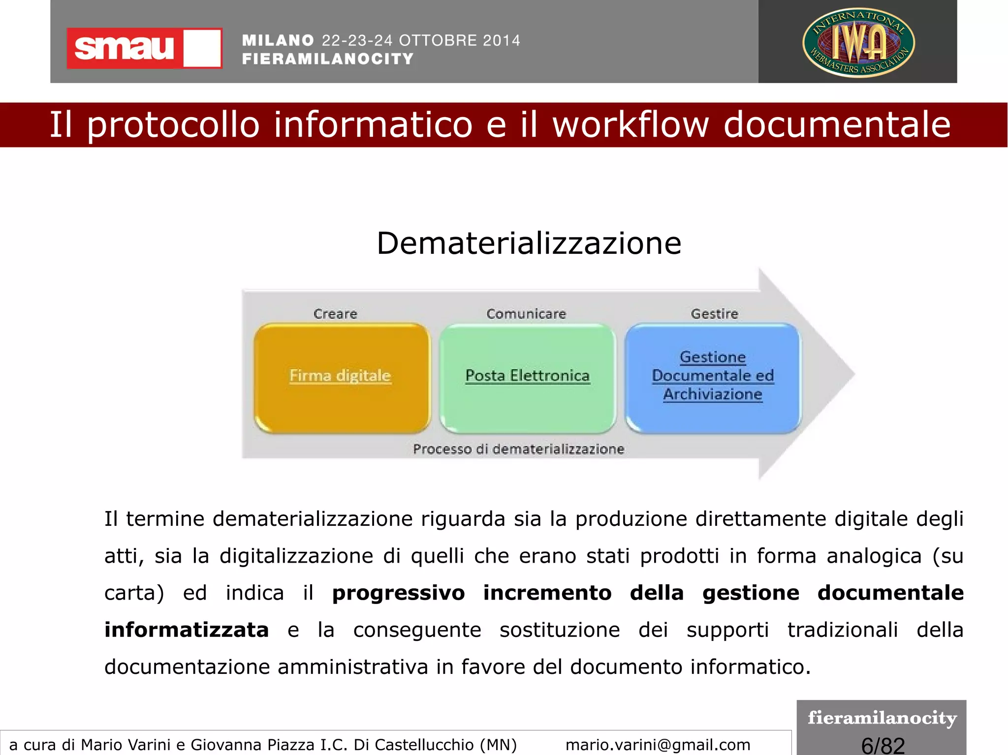 6/260
Il Codice dell’amministrazione digitale
promuove e regola
●
la disponibilità
●
la gestione
●
l’accesso
●
la trasmissione
●
la conservazione
●
la fruibilità
dell’informazione in modalità digitale.
Si sviluppa il processo di dematerializzazione dei documenti
prevedendo che le pubbliche amministrazioni debbano formare,
trasmettere, pubblicare, conservare gli originali dei propri
documenti e gestire i procedimenti amministrativi, utilizzando le
tecnologie dell'informazione e della comunicazione.
Il protocollo informatico e il workflow documentale
a cura di Mario Varini e Giovanna Piazza I.C. Di Castellucchio (MN) mario.varini@gmail.com
 