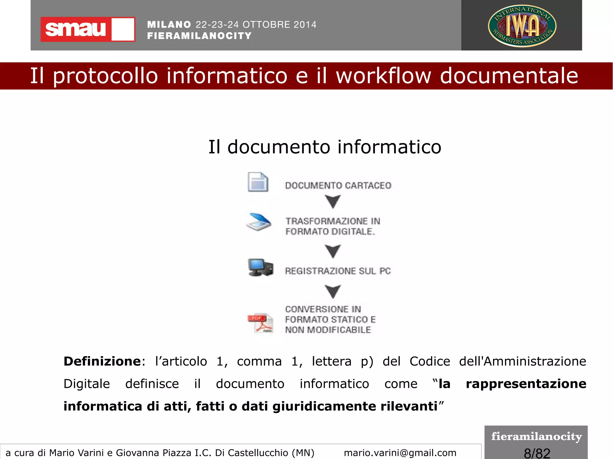 8/260
Gestione documentale
Definizione: insieme delle attività finalizzate alla registrazione e
segnatura di protocollo, nonché alla dematerializzazione, alla
classificazione, organizzazione, assegnazione, reperimento e
conservazione amministrativo-giuridica dei documenti informatici e
dei documenti informatici amministrativi formati o acquisiti dalle
amministrazioni,
Il protocollo informatico e il workflow documentale
a cura di Mario Varini e Giovanna Piazza I.C. Di Castellucchio (MN) mario.varini@gmail.com
 