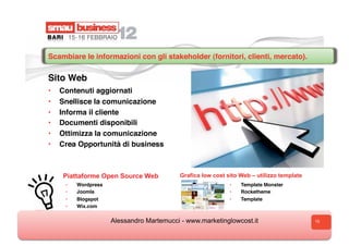 Scambiare le informazioni con gli stakeholder (fornitori, clienti, mercato). 

Sito Web
•    Contenuti aggiornati
•    Snellisce la comunicazione
•    Informa il cliente
•    Documenti disponibili
•    Ottimizza la comunicazione
•    Crea Opportunità di business



     Piattaforme Open Source Web             Grafica low cost sito Web – utilizzo template
      •    Wordpress                                           •    Template Monster
      •    Joomla                                              •    Rocketheme
      •    Blogspot                                            •    Template
      •    Wix.com


                       Alessandro Martemucci - www.marketinglowcost.it                       15
 