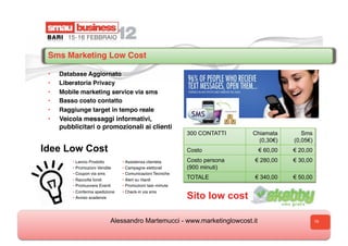 Sms Marketing Low Cost

 •    Database Aggiornato
 •    Liberatoria Privacy
 •    Mobile marketing service via sms
 •    Basso costo contatto
 •    Raggiunge target in tempo reale
 •    Veicola messaggi informativi,
      pubblicitari o promozionali ai clienti
                                                             300 CONTATTI    Chiamata       Sms
                                                                               (0,30€)   (0,05€)
Idee Low Cost                                                Costo            € 60,00    € 20,00
          • Lancio Prodotto       • Assistenza clientela     Costo persona   € 280,00    € 30,00
          • Promozioni Vendite    • Campagne elettorali      (900 minuti)
          • Coupon via sms        • Comunicazioni Tecniche
          • Raccolta fondi        • Alert su ritardi
                                                             TOTALE          € 340,00    € 50,00
          • Promuovere Eventi     • Promozioni last–minute
          • Conferma spedizione   • Check-in via sms
          • Avviso scadenze
          •                                                  Sito low cost

                            Alessandro Martemucci - www.marketinglowcost.it                        19
 