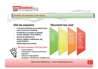 Analisi di mercato Low Cost



Dati da acquisire                                      Strumenti low cost
•    il numero di abitanti di una determinata
     area o comune o interland;
•    le distanze e il numero di aziende,               Dati Generali   Dati sul          Numero di           Indagine sul
     scuole, ospedali, ufﬁci pubblici;                 • comuni-       mercato           aziende             campo
                                                         italiani.it   • Associazioni    • Telextra.it       • Informazioni
•    densità di popolazione;                           • Istat.it        di categoria    • Paginegialle.it     sul posto
                                                       • Regione       • Camere di       • Camere di         • Densità
•    fasce di reddito, professione, età,               • Provincia       Commercio         Commercio           abitativa
                                                       • Comune        • Unioncamere     • Unioncamere       • Posizione
     nuclei familiari;                                                 • Google Trends   • Komapss             Visibilità
                                                                       • Banche          • Guida Monaci      • Assortimento
•    Analisi della concorrenza                                                                               • Analisi
                                                                                                               scontrini
                                                                                                             • Urbanistica
      Siti dove acquisire info Low Cost                                                                      • Opportunità di
                                                                                                               finanziamenti
       •    Comuni-italiani.it
       •    Unioncamere / Camere di Commercio
       •    Istat Studi
       •    Telextra.it / Paginegialle.it
       •    Kompass.it / Guidamonaci / Google trends


                         Alessandro Martemucci - www.marketinglowcost.it                                                        9
 