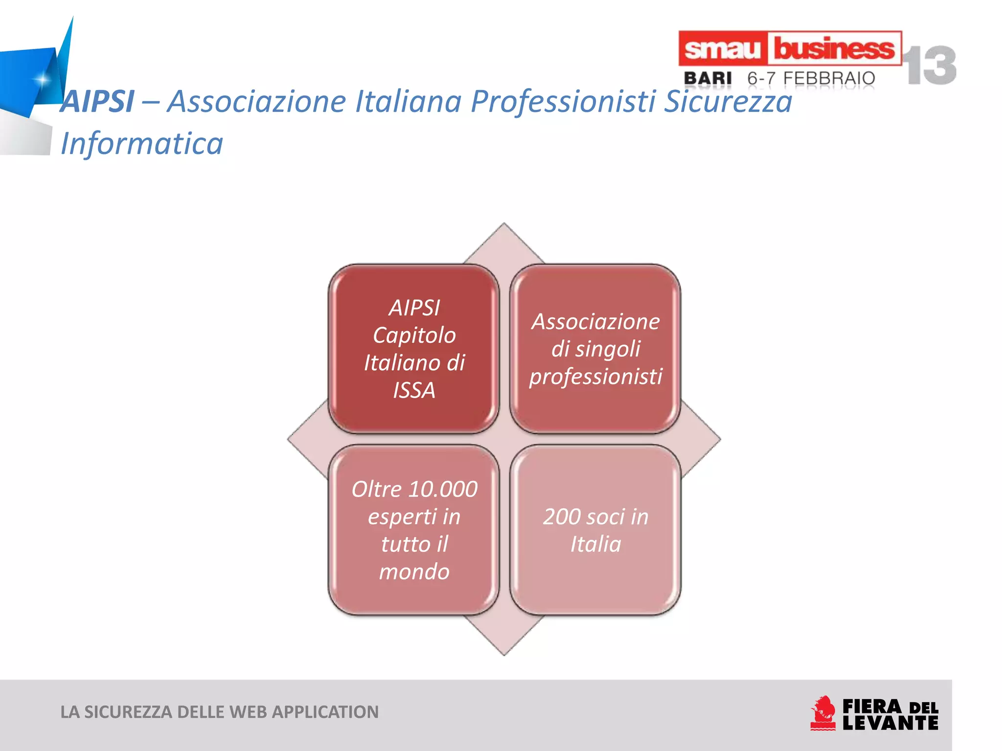 AIPSI – Associazione Italiana Professionisti Sicurezza
Informatica



                                   AIPSI
                                              Associazione
                                 Capitolo
                                                di singoli
                                Italiano di
                                              professionisti
                                   ISSA


                               Oltre 10.000
                                esperti in     200 soci in
                                  tutto il       Italia
                                  mondo




LA SICUREZZA DELLE WEB APPLICATION
 