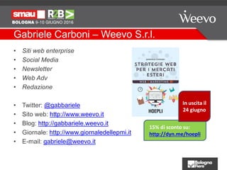 Gabriele Carboni – Weevo S.r.l.
• Siti web enterprise
• Social Media
• Newsletter
• Web Adv
• Redazione
• Twitter: @gabbar...