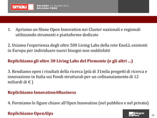 1
3 13
1. Apriamo un filone Open Innovation nei Cluster nazionali e regionali
utilizzando strumenti e piattaforme dedicate
2. Usiamo l’esperienza degli oltre 500 Living Labs della rete EnoLL esistenti
in Europa per individuare nuovi bisogni non soddisfatti
Replichiamo gli oltre 30 Living Labs del Piemonte (e gli altri …)
3. Rendiamo open i risultati della ricerca (più di 31mila progetti di ricerca e
innovazione in Italia sui Fondi strutturali per un cofinanziamento di 12
miliardi di € )
Replichiamo Innovation4Business
4. Formiamo le figure chiave all’Open Innovation (nel pubblico e nel privato)
Replichiamo OpenAlps
 