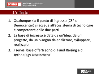 1. Qualunque sia il punto di ingresso (CSP o
Democenter) si accede all’ecosistema di tecnologie
e competenze delle due parti
2. La base di ingresso è data da un’idea, da un
progetto, da un bisogno da analizzare, sviluppare,
realizzare
3. I servizi base offerti sono di Fund Raising e di
technology assessment
L’offerta
 