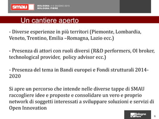 6
6
- Diverse esperienze in più territori (Piemonte, Lombardia,
Veneto, Trentino, Emilia –Romagna, Lazio ecc.)
- Presenza di attori con ruoli diversi (R&D performers, OI broker,
technological provider, policy advisor ecc.)
- Presenza del tema in Bandi europei e Fondi strutturali 2014-
2020
Si apre un percorso che intende nelle diverse tappe di SMAU
raccogliere idee e proposte e consolidare un vero e proprio
network di soggetti interessati a sviluppare soluzioni e servizi di
Open Innovation
Un cantiere aperto
 