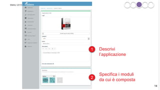 SMAU 2015
Powered by
Carica la tua applicazione !
Powered by
1
2
Descrivi
l’applicazione
Specifica i moduli
da cui è composta
14
SMAU 2015
 