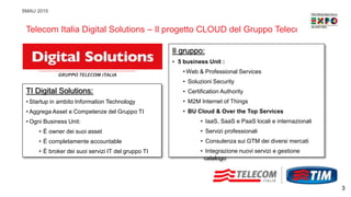 SMAU 2015
Telecom Italia Digital Solutions – Il progetto CLOUD del Gruppo Telecom
Il gruppo:
• 5 business Unit :
• Web & Professional Services
• Soluzioni Security
• Certification Authority
• M2M Internet of Things
• BU Cloud & Over the Top Services
• IaaS, SaaS e PaaS locali e internazionali
• Servizi professionali
• Consulenza sui GTM dei diversi mercati
• Integrazione nuovi servizi e gestione
catalogo
TI Digital Solutions:
• Startup in ambito Information Technology
• Aggrega Asset e Competenze del Gruppo TI
• Ogni Business Unit:
• È owner dei suoi asset
• È completamente accountable
• È broker dei suoi servizi IT del gruppo TI
3
 
