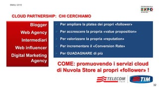 SMAU 2015
Blogger
Web Agency
Intermediari
Web influencer
Digital Marketing
Agency
 Per ampliare la platea dei propri «follower»
 Per accrescere la propria «value proposition»
 Per valorizzare la propria «reputation»
 Per incrementare il «Conversion Rate»
 Per GUADAGNARE di più
32
CLOUD PARTNERSHIP: CHI CERCHIAMO
COME: promuovendo i servizi cloud
di Nuvola Store ai propri «follower» !
 