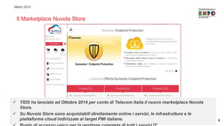 SMAU 2015
Il Marketplace Nuvola Store
 TIDS ha lanciato ad Ottobre 2014 per conto di Telecom Italia il nuovo marketplace Nuvola
Store.
 Su Nuvola Store sono acquistabili direttamente online i servizi, le infrastrutture e le
piattaforme cloud indirizzate al target PMI italiane. 4
 