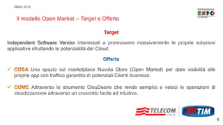 SMAU 2015
Il modello Open Market – Target e Offerta
Target
Independent Software Vendor interessati a promuovere massivamente le proprie soluzioni
applicative sfruttando le potenzialità del Cloud.
Offerta
Uno spazio sul marketplace Nuvola Store (Open Market) per dare visibilità alle
proprie app con traffico garantito di potenziali Clienti business.
Attraverso lo strumento ClouDesire che rende semplici e veloci le operazioni di
cloudizzazione attraverso un cruscotto facile ed intuitivo.
6
 