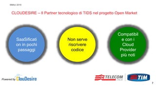 SMAU 2015
CLOUDESIRE – Il Partner tecnologico di TIDS nel progetto Open Market
SaaSificati
on in pochi
passaggi
Non serve
riscrivere
codice
Compatibil
e con i
Cloud
Provider
più noti
Powered by
7
 