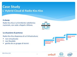 Case Study L’ Hybrid Cloud di Radio Kiss Kiss 
17 
Il cliente Radio Kiss Kiss è un’emittente radiofonica nazionale, con sede a Napoli e Milano. La situazione di partenza Radio Kiss Kiss disponeva di un’infrastruttura: 
non virtualizzata 
non flessibile 
gestita da un gruppo di tecnici 
Elevati costi di personale 
Elevati costi di manutenzione e licenze 
Elevati costi di licenze 
SMAU Milano 2014  