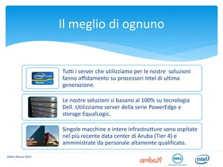 SMAU Milano 2014 
Il meglio di ognuno 
Tutti i server che utilizziamo per le nostre soluzioni fanno affidamento su processori Intel di ultima generazione. 
Le nostre soluzioni si basano al 100% su tecnologia Dell. Utilizziamo server della serie PowerEdge e storage EqualLogic. 
Singole macchine e intere infrastrutture sono ospitate nel più recente data center di Aruba (Tier 4) e amministrate da personale altamente qualificato.  