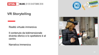 Realtà virtuale immersiva
Il contenuto da bidimensionale
diventa sferico e lo spettatore è al
centro
Narrativa immersiva
VR Storytelling
56
 